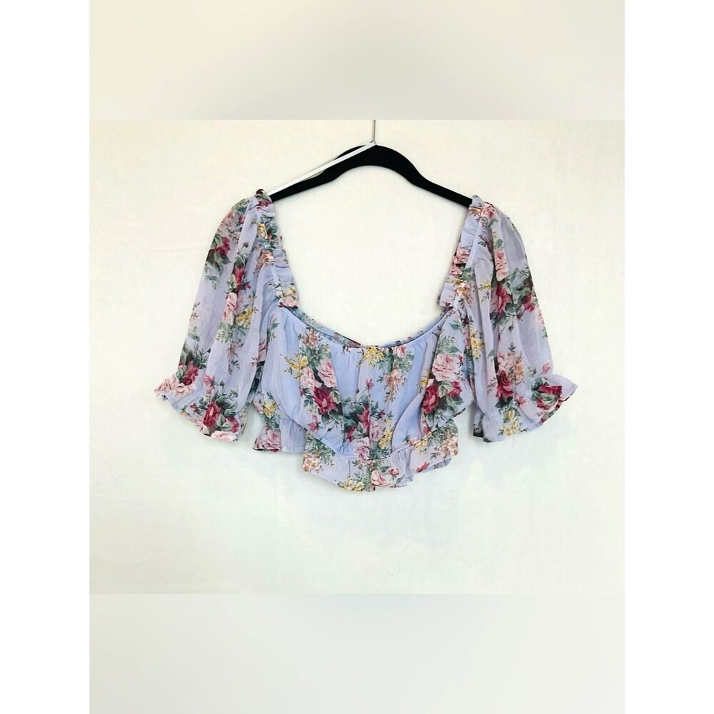 Lovesome Cottagecore Floral Crop Top Medium Puff Sleeve Ruffle Chiffon Lavender